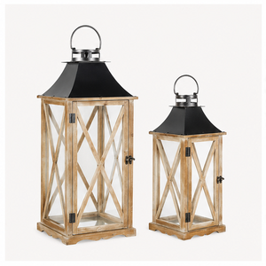Wholesale Set of 2 Rustic Farmhouse Wooden Metal Candle <b>Lanterns</b> <b>Large</b> Decorative Floor Hurricane <b>Lanterns</b> for Indoor Outdoor - Product Image 4