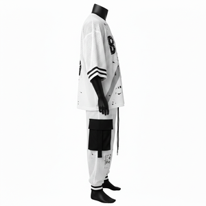 Ensemble maillot et pantalon en mesh polyester respirant pour homme, 180 GSM, design à panneaux blancs et noirs, logo personnalisé par transfert thermique, 2 pièces. - Product Image 3