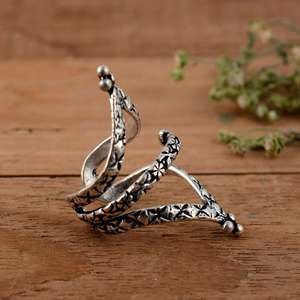 Handmade 925 Sterling <b>Silver</b> Floral Chevron Swan Neck Splint <b>Ring</b> Oxidized Flower Design <b>Adjustable</b> Joint Support for PIP & DIP - Product Image 2