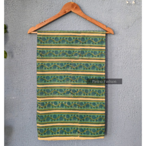 Tela 100% Algodón Estampada a Mano con Bloques, Diseño Floral Verde a Rayas, Tela India Estampada para Confección, Venta al por Mayor - Product Image 1