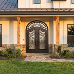 Modern Wrought Iron Double Entry Door with Arched Top and Scroll Design Water Resistant Finished Surface for Exterior Use - Product Image 2