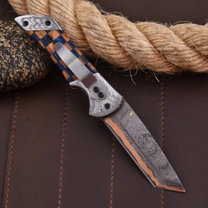 Couteau de poche pliant artisanal en acier Damas Cooper, manche en bois, étui en cuir, couteaux de survie et de chasse OEM multifonctionnels - Product Image 6