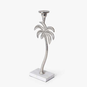 Portavelas de Aluminio Plateado con Base de Mármol Blanco, Soporte de Metal Tropical para Velas, Adorno Decorativo para Mesa de Estilo Costero - Product Image 1