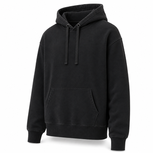 Sudadera con capucha para hombre, negra lavada, de peso pesado, corte regular, cuello alto, hombros caídos, forro polar de poliéster/algodón, con bolsillo, al por mayor - Product Image 3