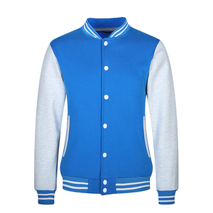 Veste de style universitaire bleue pour homme avec manches grises, coupe classique, col rabattu, simple boutonnage, style preppy - Product Image 1