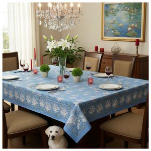 Nuevo mantel de algodón estampado a mano con motivos de loto japonés en color azul Gud, elegante, de 150x220 cm, de la fábrica india Roopantaran. - Product Image 1