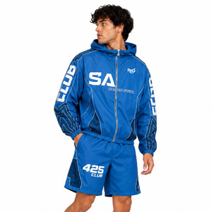Chaqueta Cortavientos Azul con Capucha para Hombre, Marca Personalizada, con Cremallera y Pantalones Cortos a Juego, Traje Deportivo, Corte Regular, Ropa de Verano - Product Image 6