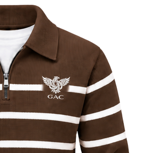 Pull tricoté marron rayé pour homme, col zippé, manches longues, poignets et ourlet côtelés, idéal pour la vente en gros - Product Image 3