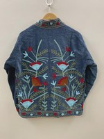 Blouson bomber unisexe en velours bleu ardoise respirant en coton brodé de fils floraux, col mandarin ouvert, court, style bohème pour l'hiver