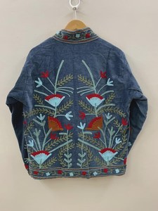Chaqueta Corta de Invierno para Mujer, Color Azul Pizarra, Terciopelo, Bordado Floral, Cuello Mao, Estilo Abrigo Corto - Product Image 2