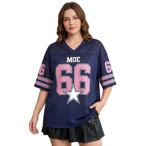 Camiseta de fútbol americano unisex de malla azul extragrande de primera elección con estampado gráfico personalizado, cuello en V, hombros caídos, estilo Y2K, camisa urbana sólida - Product Image 1