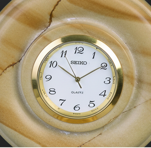 Handcrafted Picture Jasper Round Desk <b>Clock</b> - Natural Stone Tabletop Timepiece with Brass Accents for Luxury Office Home Decor - Product Image 1