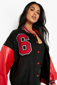 Chaqueta bomber universitaria personalizada de alta calidad en negro/rojo para mujer, chaqueta de béisbol para mujer - Product Image 5