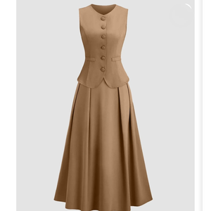 Ensemble coordonné marron clair : Gilet et jupe plissée parapluie, ensemble 2 pièces assorti, jupe midi plissée marron - Product Image 3