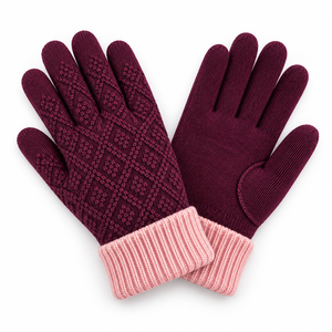 <b>Knit</b> <b>Gloves</b> With Diamond Pattern Purple And Pink Cuff Anti Slip Flexible Acrylic Material Full Texture General Purpose - Product Image 4