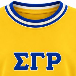 Yellow Epsilon Pi Women's Crew Neck Sweater Blue Greek Letter Embroidery White Striped Collar Cuffs Sorority Knit Pullover - Product Image 2