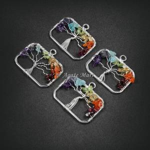 Pendentif en métal rectangulaire fait à la main naturel Style Feng Shui Agate Gemstone Life Tree of Life Design - Product Image 5