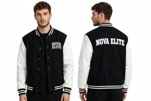 Blouson universitaire imperméable noir et blanc à blocs de couleur, brodé, style urbain, avec fermeture éclair frontale, logo et col montant, style baseball - Product Image 5