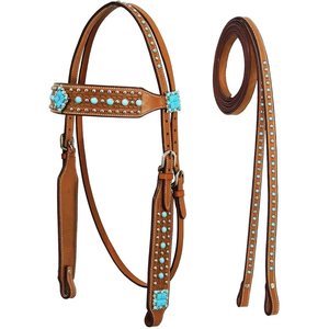 Western Turquoise Studded <b>Leather</b> Horse Bridle with Reins Adjustable Headstall Equestrian Riding Tack Rodeo Ranch Training Gear - Product Image 2