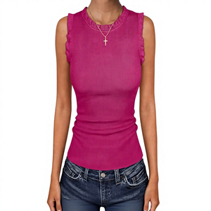 Camiseta sin mangas acanalada para mujer, color liso, estilo casual, 100% algodón, hip hop, de secado rápido, transpirable, ecológica, rosa - Product Image 4