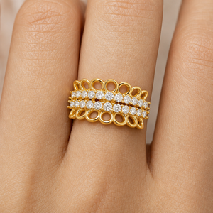 Anillo de declaración de oro amarillo con banda de diamantes de doble fila ancha, diseño geométrico vintage calado, certificado IGI, diamantes cultivados en laboratorio, OEM ODM - Product Image 2