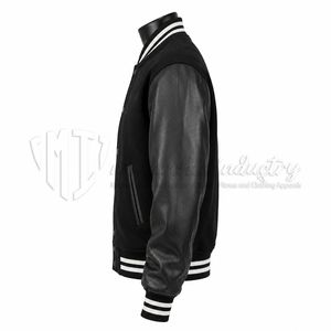 Custom Black Wool Leather Varsity <b>Jacket</b> <b>Men</b> <b>White</b> Stripe Rib Letterman Baseball <b>Jacket</b> OEM Embroidery Bulk Manufacturer - Product Image 5