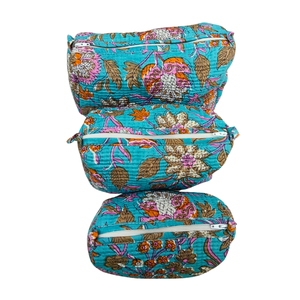 Chic Block Print Floral Cosmetic Bag-Pochette durable bleue et orange - Product Image 4