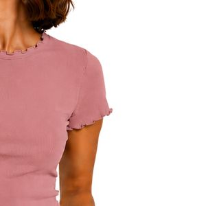 Top Corto Acanalado Rosa Polvoriento para Mujer, Manga Corta, Cuello Redondo con Volantes, Algodón y Spandex, Ajuste Delgado, Camiseta Casual de Verano, OEM Personalizado - Product Image 4