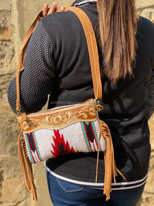 Designer Aztec Saddle <b>Blanket</b> Leather Handbag Hand Tooled Leather Fringe Sling Handbag Western Style Crossbody Handbag - Product Image 3