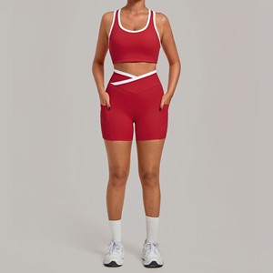 Nouvel ensemble de vêtements de sport pour femmes, couleur unie, 2 pièces, tenue de yoga, soutien-gorge de sport élastique confortable avec poches, shorts, vêtements de sport actifs - Product Image 1