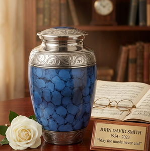 Human Ashes Adult Cremation <b>Urn</b> - Blue Clouded Metal Memorial <b>Urn</b> with Silver Engravings - Elegant Funeral Supplies and Vessels - Product Image 1