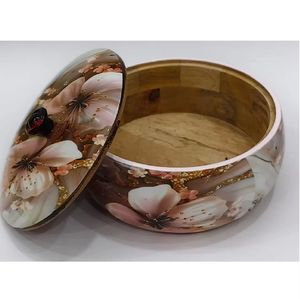 Bol rond en bois artisanal avec motif patchwork, finition polie, couvercle et poignée assortis, ustensile de cuisine haut de gamme pour le rangement. - Product Image 5