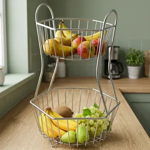 Corbeille à fruits à 2 niveaux en acier inoxydable, support de rangement pour légumes, organisateur de comptoir de cuisine, support de table à manger - Product Image 2