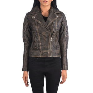 Chaqueta de Cuero Genuino Marrón Desgastado para Mujer, Estilo Biker, con Cremallera, Impermeable, Mangas Acolchadas, Acabado Retro, Producción OEM ODM - Product Image 4