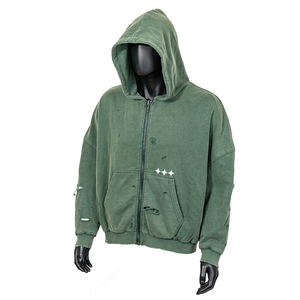 Sweat à capuche zippé personnalisé en coton épais, style streetwear, effet vieilli, double couche, doublure gaufrée, logo personnalisé, délavage acide vintage - Product Image 1