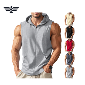 <b>Men's</b> Black <b>Sleeveless</b> Zip-Up <b>Hoodie</b> with Pockets Sporty Solid Gym Tank Top-100% Cotton Eco-Friendly Winter Casual Wear - Product Image 6