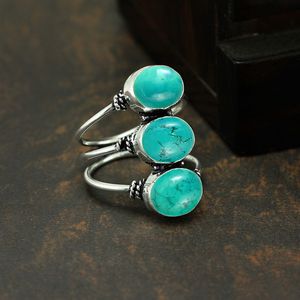 Bague GOURIK en argent sterling 925 avec trois pierres précieuses turquoise, sertie en clos, style bohème vintage, plaqué oxydé, unisexe, pour tous les jours - Product Image 2