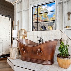 Baignoire autoportante de luxe en cuivre, design vintage, ovale, avec poignées en bronze, pour villa, hôtel, complexe hôtelier - Product Image 3