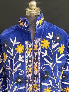 Royal Blue Velvet Suzani <b>Jacket</b> Hand <b>Embroidered</b> Floral Winter Coat Boho Kashmiri Crewel Work Short Cardigan <b>Jacket</b> <b>Women</b> - Product Image 3