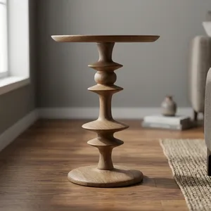 Mesa Auxiliar Moderna de Madera Maciza con Base Escultural Tallada a Mano, Mesa Redonda Decorativa para Sala de Estar o Dormitorio - Product Image 1