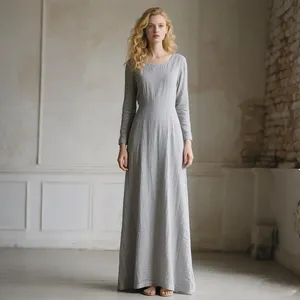 Robe longue vintage gris clair pour femme, manches longues, coupe ajustée, en lin respirant, robe décontractée - Product Image 1