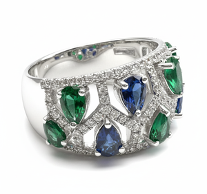 Anillo de Esmeralda y Zafiro Azul con Diamantes Redondos para Mujer, Diamantes Naturales y Cultivados en Laboratorio - Product Image 4