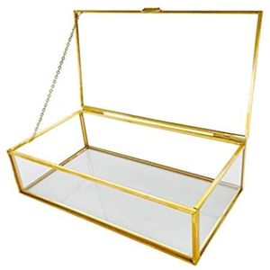Custom Modern Geometric Clear Glass Box with Gold Metal Edge <b>Hinged</b> Lid Desktop Storage Container Tabletop Terrarium Decor Stand - Product Image 1