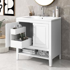 Mobile Bagno Multifunzionale Bianco da 30 Pollici con Lavabo, Struttura Solida in MDF, Ante e Cassetti - Product Image 1