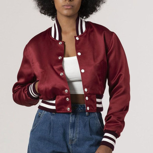 Women's <b>Maroon</b> Satin Varsity Jacket Full Sleeve Stand Collar Button Closure Regular Length Autumn Wear - Product Image 5