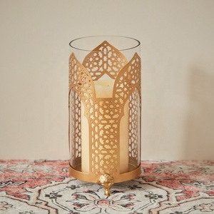 Wholesale Designer Gold Metal <b>Hurricane</b> Candle Pillar Holder with Chimney Glass for Home Decoration - Product Image 2