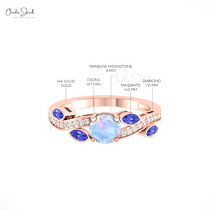 Anillo de Compromiso de Oro Sólido de 14K con Piedra Lunar Arcoíris de 0.32CTW, Tanzanita y Diamantes G-H, Diseño Floral Clásico a un Precio Razonable - Product Image 2