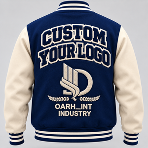 OARH_INT INDUSTRY <b>Men's</b> Navy <b>Cream</b> Varsity <b>Jacket</b> Embroidered Logo Preppy Style Autumn Wear Regular Fit Stand Collar - Product Image 2