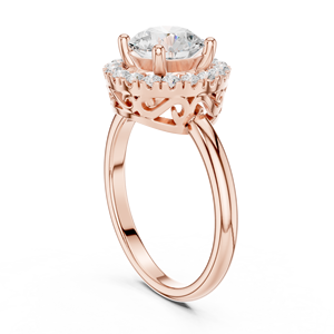 Anillo de compromiso con halo redondo de moissanita talla redonda, acabado en oro rosa, tallo liso de plata, brillante, para mujer - Product Image 3