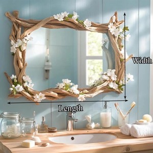 Espejo con Marco de Madera Rústico con Flores Blancas, Decoración de Baño para Montar en la Pared, Diseño Rectangular Hecho a Mano - Product Image 5